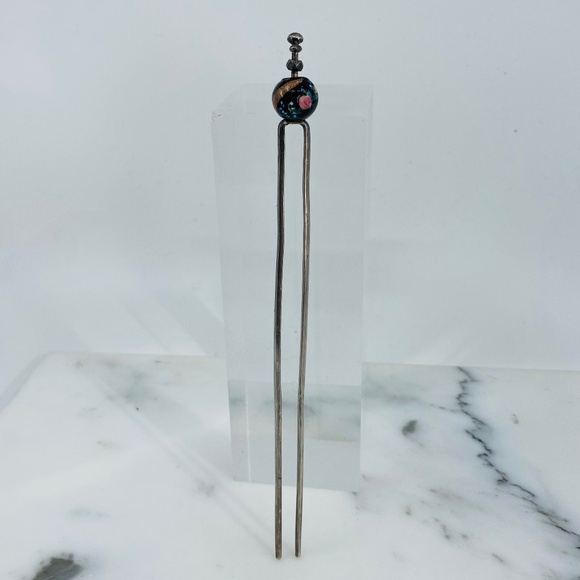Antique silver, hand blown Murano glass bead 7\